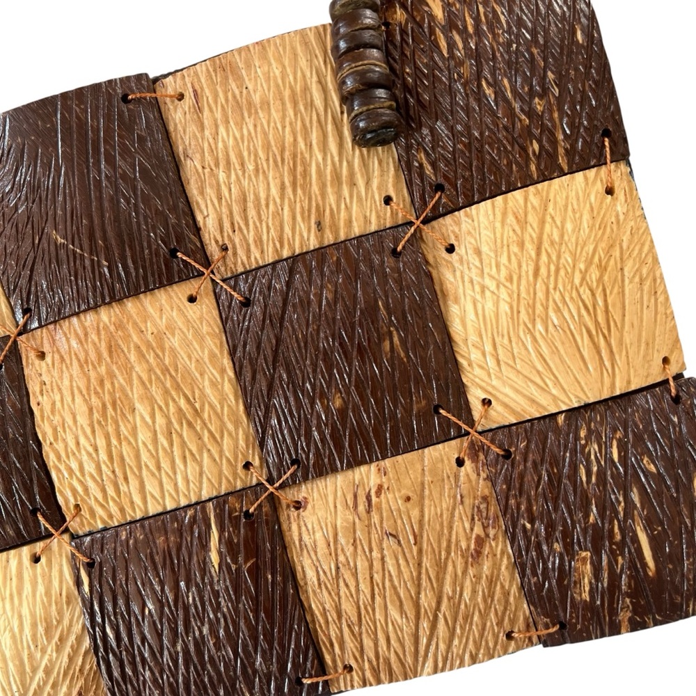 Vintage wooden checkered handbag brown natural beaded handles fully lined - Picture 5 of 11